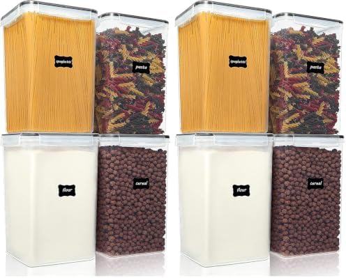 Vtopmart Extra Large Tall Airtight Food Storage Containers, 4 Pieces 5.9qt/6.5L Plastic PBA Free Kitchen Pantry Canister for Spaghetti, Flour and Baking Supplies, with 24 Labels, Black (Pack of 2)
