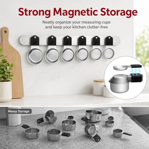 Magnetic Measuring Cups & Spoons Set|304 Stainless Steel Dual Scale Set of 15, Strong N52 Magnetic Nesting Design with Leveler, for Dry&Liquid Ingredients, Dishwasher Safe(Black)