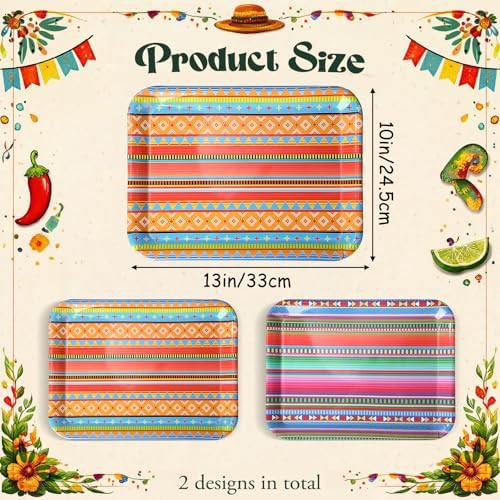 Vesici 4 Pack Mexican Melamine Serving Trays, 13 x 10 in Rectangular Decorative Platters, Colorful Aztec Boho Pattern Snack & Appetizer Plates for Taco Bar, Patio, Parties, Home Decoration