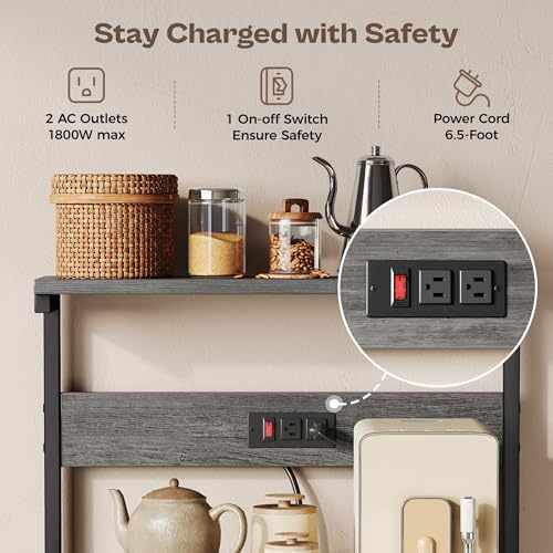 SUPERJARE Kitchen Bakers Rack with Power Outlet, Coffee Bar Table 4 Tiers, Kitchen Microwave Stand with 6 S-Shaped Hooks, Storage Shelf Rack for Spices, Pots and Pans - Charcoal Gray