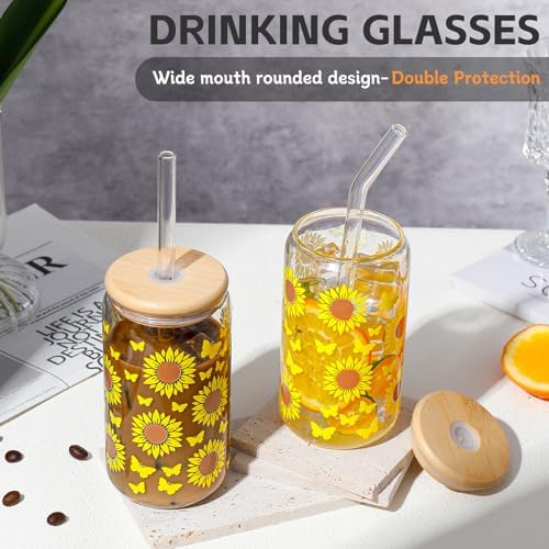 DWTS DANWEITESI Glass Cups with Lids and Straws with Design Sunflower 4 pcs,Clear Glass Cups 16 oz-Drinking Glasses Set,Glass Tumbler,Cute Design Glass Iced Coffee Cups with Lids and Straws 480ml