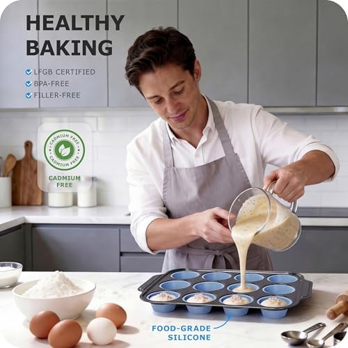 Silicone Muffin Pan for Baking with Metal Frame, 12 Cup Regular Size Cupcake Pan, Nonstick Food Grade Silicone Muffin Tin for Baking, Easy Release Egg Bite Molds, BPA Free