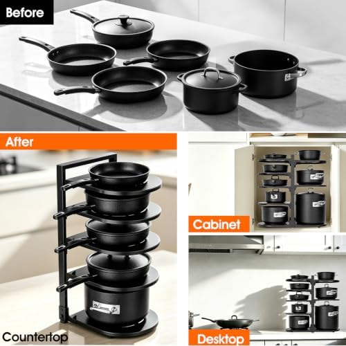 Adjustable Pots & Pans Organizer for Cabinet: 8-Tier Heavy Duty Pan Rack