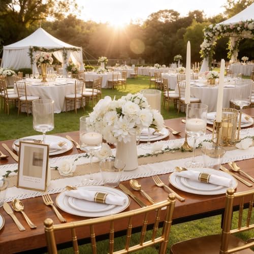 WDF Partyware 350Piece Gold Dinnerware Set for 50 Guests - Gold Plastic Plates with Disposable Cutlery - 50Dinner Plates-50Dessert Plates-50Pre Rolled Napkins with Silverware for Wedding/Birthday