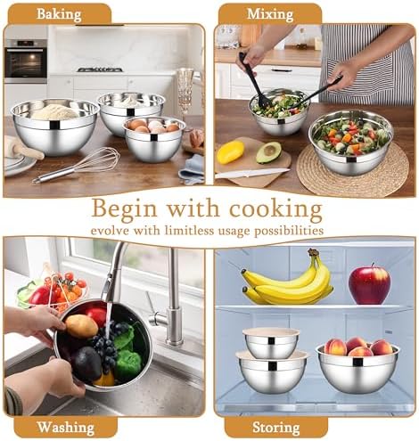 LIANYU Mixing Bowls with Lids Set, 3 Packs Stainless Steel Metal Bowls