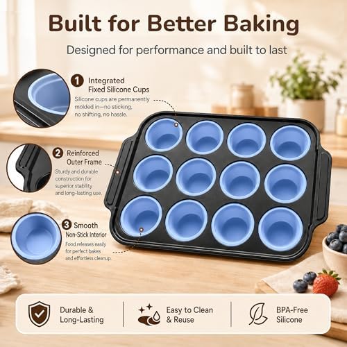 Silicone Muffin Pans for Baking, 12-Cup Muffin Tin with Metal Frame