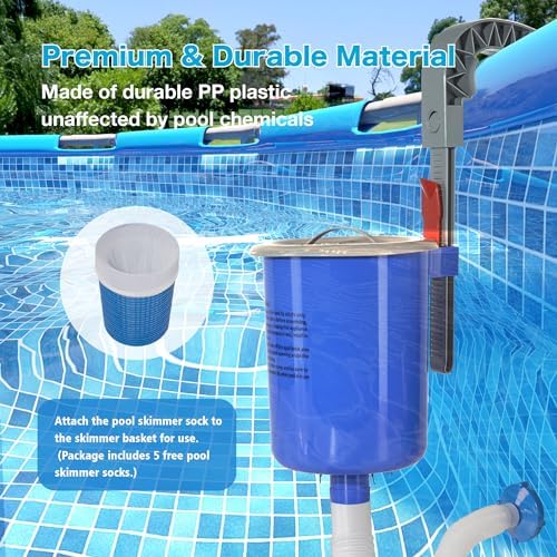 Above Ground Pool Skimmer with 5 Skimmer Socks, Wall Mount Surface Skimmer with Hose & Basket, Compatible with Intex Pools, Adjustable Floating Filter, Automatically Removes Leaves & Debris