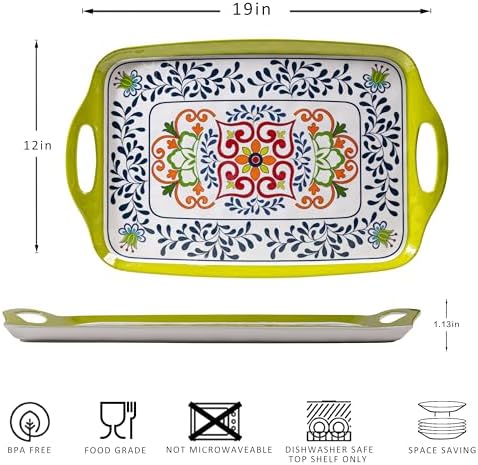 Large Serving Platter with Handles,19”x12”Large Rectangular Melamine Serving Tray Set of 2, Kitchen Food and BBQ Serving Platter, Talavera Grilling Prep and Serve Tray, Dishwasher Safe