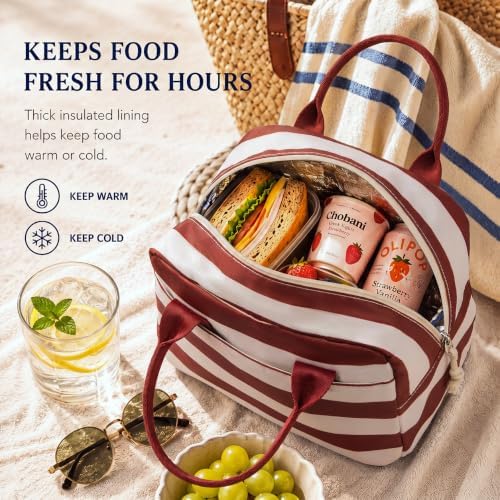 LOVELYWIND Lunch Box for Women, Insulated Lunch Bag, Red Striped Tote