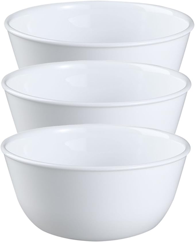 Corelle Livingware Set of 3 Winter Frost White 28 oz Vitrelle Glass Soup & Cereal Bowls – Chip-Resistant, Microwave & Dishwasher Safe Everyday Bowls