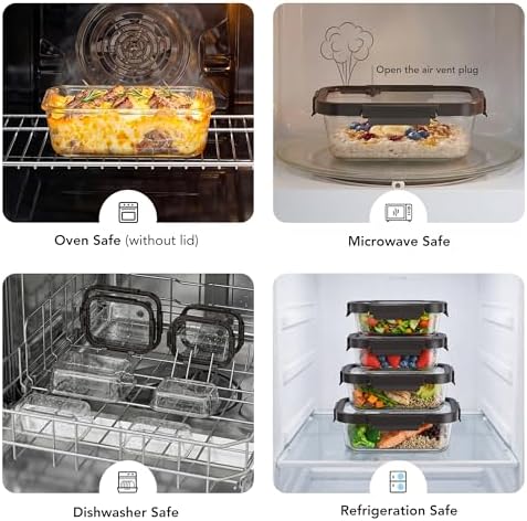 GENICOOK Glass Meal Prep Containers with Glass Lids, 4 Pack Airtight Glass Food Storage Containers, Borosilicate Glass Lunch Containers for Healthy Meal Prep, Microwave Oven Dishwasher Safe, BPA Free