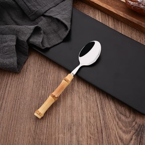 Dessert Spoon Set with Bamboo Handle, 8-Piece Stainless Steel Shiny Silver Dessert Spoon, Natural Bamboo Cutlery, Creative Design Small Spoons for Home Restaurant, 6.65 inch, Handcrafted