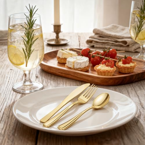 WDF300 Pieces Gold Plastic Silverware - Heavy Duty Disposable Cutlery Set Plastic Gold Silverware Set Includes 100 Forks, 100 Spoons, 100 Knives for Party/Baby Shower/Wedding/Birthday