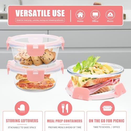 GULFLIN 12pack, 13oz Small Glass Food Storage Containers with Lids, Pink