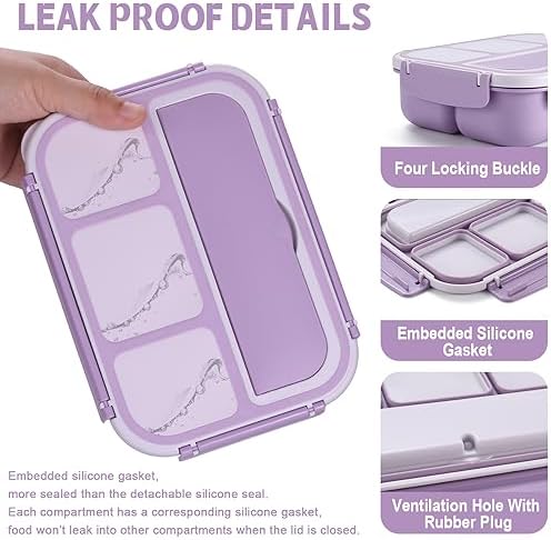 Bento Box Adult Lunch Box, Lunch Containers for Kids Girls Boys with 4 Compartments, Lunchable Food Container with Utensils, Sauce Jar, Muffin Liners, 40 Oz/5 Cup, Microwave Safe, Lavender