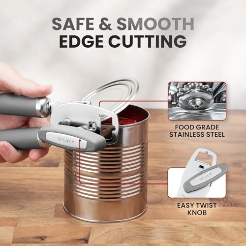 Zulay Kitchen Manual Can Opener Heavy Duty Patented Stainless Steel, Gray