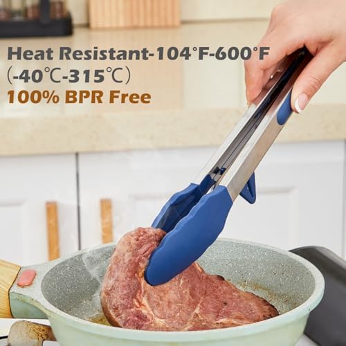 Kitchen Tongs for Cooking with Silicone Tips, 3 Size Serving Tongs, Blue