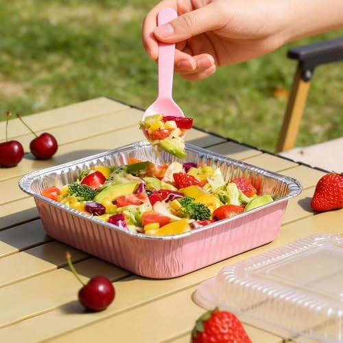 (35-Pack) Pink 8x8 Inch Disposable Aluminum Pans with Plastic Lids,Stickers and Cake Spoons,Square Cake Pans for Parties,Baking Trays,Foil Pans for Holiday Cooking, Parties Meal Prep, Storage