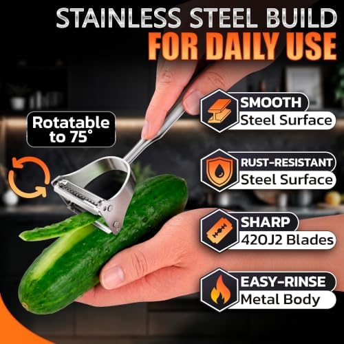 Stainless Steel Vegetable Peeler, 2-in-1 Peeler and Julienne Shredder Tool with Dual-Sided 420J2 Sharp Blade That Replaces Two Tools for Carrots, Cabbage, Potatoes, Cucumber, 5.6-Inch Ergonomic Handle