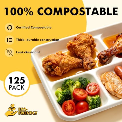 RACETOP White Compostable 5 Compartment Paper Plates 125 Pack