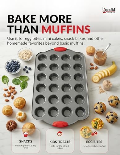 Boxiki Kitchen 24 Cup Mini Muffin Pan with Silicone Handles | Professional Non-Stick Cupcake Pan for Muffins, Cupcakes, Egg Bites, and More