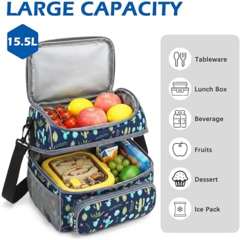 FlowFly Double Layer Cooler Insulated Lunch Bag Adult Lunch Box Large Tote Bag for Men, Women, With Adjustable Strap,Front Pocket and Dual Large Mesh Side Pockets