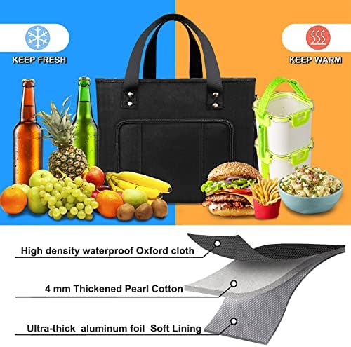 Hsmienk Large Lunch Bag Women, Leakproof Insulated Reusable Water Resistant Lunch Box with Adjustable Shoulder, Adults Lunchbox for Work, Black