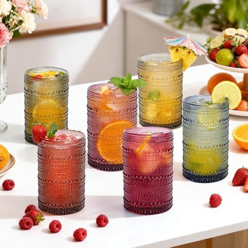 GGOLDMER Colored Hobnail Drinking Glasses Set of 6, 12oz Vintage Highball Glasses, Kitchen Glassware, Beaded Glass Cups for Iced Coffee, Cocktail, Beer, Juice, Cocktail, Whiskey, Milk