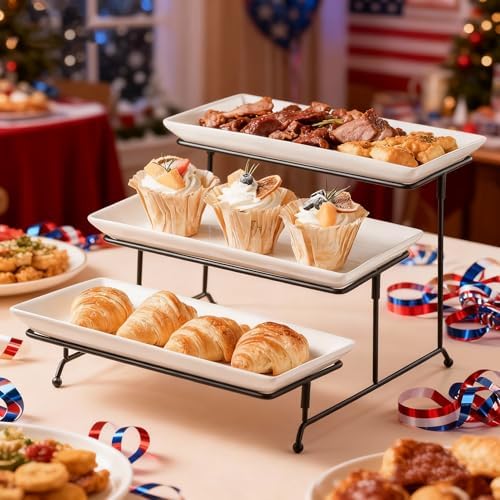 Gomakren 3 Tier Serving Trays Stand, 12 Inch White Rectangular Platters