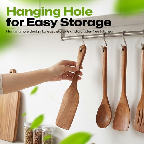 AIUHI Wooden Spatulas, Non-stick Flat Cooking Spatula for Cooking, Teak Wood Turner Scraper for Frying, Flipping and Turning