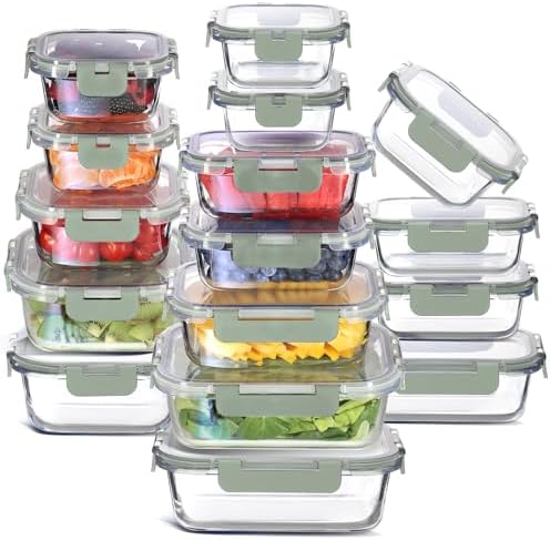 EATEX 32pc Glass Storage Containers with Lids, 16 Glass Food Storage Containers with 16 Airtight Lids for Pantry & Kitchen, Meal Prep Containers for Lunch, Oven Freezer Microwave & Dishwasher Safe