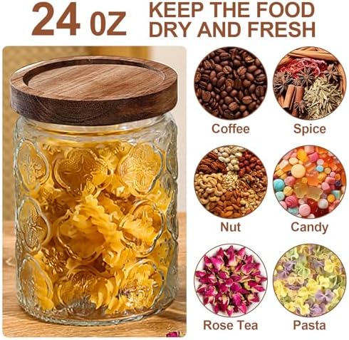 6-Pack 24 OZ Vintage Glass Jar with Lid, Airtight Food Storage Canisters with Bamboo for Kitchen Counter Pantry, Ideal for Coffee, Candy, Tea, Oats, Sugar, Cookies Decorative Jars