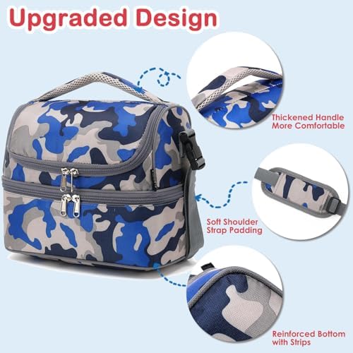 FlowFly Kids Double Decker Cooler Insulated Lunch Bag Large Tote for Boys, Girls, Men, Women, With Adjustable Strap, Blue Camo
