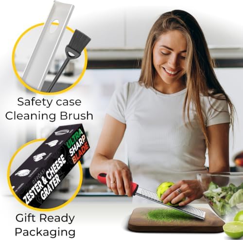 Stainless Steel Cheese Grater & Lemon Zester w/Extra Sharp Blade - Perfect for Lemon, Parmesan, Garlic, Chocolate - Spice Up any Dish in Seconds w/Your Premium Citrus Hand Grater with Handle - Red