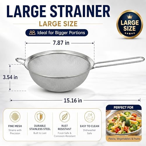 HiramWare Fine Mesh Strainer, Large Stainless Steel Colander with Handle, Sieve for Pasta, Rice, Quinoa, Spaghetti, Fruits, Berry, Flour, Veggies, Metal Sifter for Kitchen
