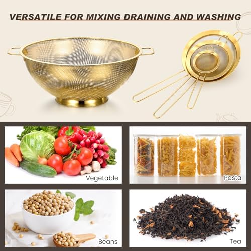 Norme 7 Quart Gold Colander and 3 Metal Fine Mesh Strainer Set