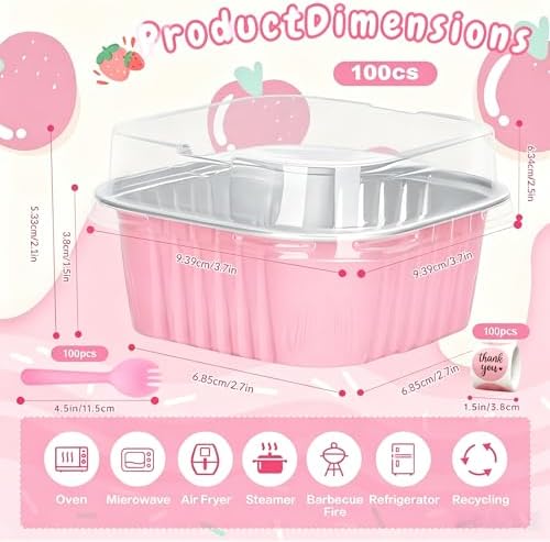100Pack 5oz Pink Mini Cake Pans with Lids, Spoons and Stickers Baking Cups Aluminum Foil Pans Tins, Individual Dessert Cups Containers for Sales,Party,Picnics