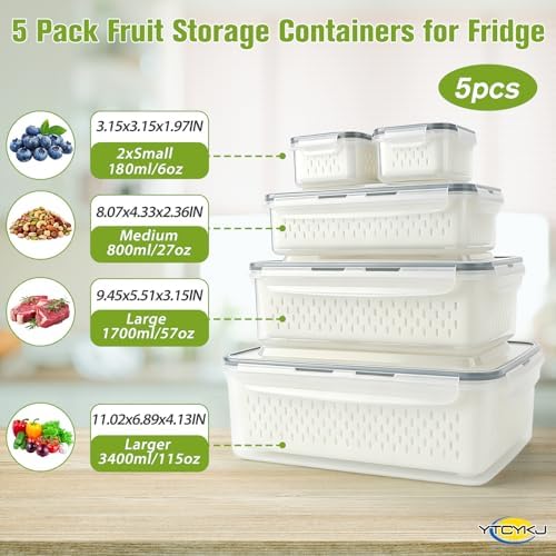 5-Pack Fruit Storage Containers for Fridge with Removable Colanders & Lids