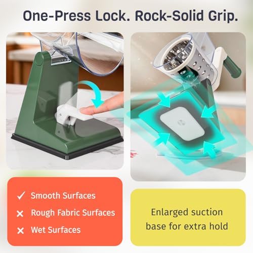 Upgraded Rotary Cheese Grater with 3 Interchangeable Stainless Steel Drums, One-Press Powerful Suction Manual Vegetable Shredder & Slicer for Kitchen, 15pcs Storage Bags Included, Olive Green