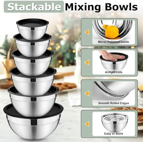 P&P CHEF Mixing Bowls with Lids Set of 6, Nesting Salad Bowl, Black