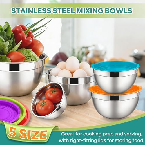 E-far Mixing Bowls with Lids Set, Stainless Steel Salad Bowls, Colorful