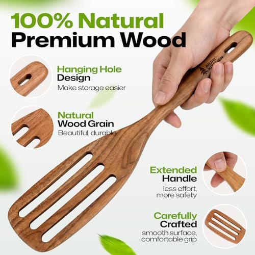 AIUHI Premium Wooden Slotted Spatula, Durable Teak Wood Cooking Spatula, Comfort Grip Wooden Kitchen Utensil, Perfect Cooking Gift for Home Cooks, Chefs, Women and Family