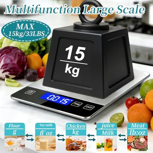 Digital Kitchen Scale, 33lb High Capacity Food Scale with Battery, 304 Stainless Steel Platform for Weight, Meal Prep, Baking