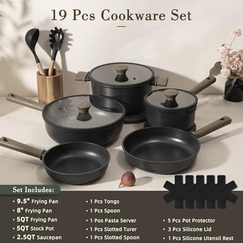 Astercook 19 Pcs Pots and Pans Set Non Stick, Black Titanium Induction Kitchen Cookware Sets, Non toxic Healthy Kitchen Cooking Set with Frying Pans Set, PTFE PFOA PFOS Free, Fathers Day Gift for Men