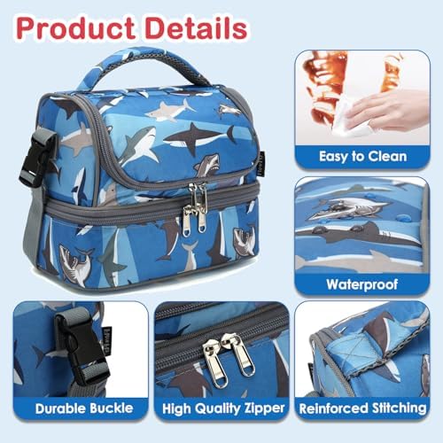 FlowFly Kids Double Decker Cooler Insulated Lunch Bag Large Tote for Boys, Girls, Men, Women, With Adjustable Strap, Shark