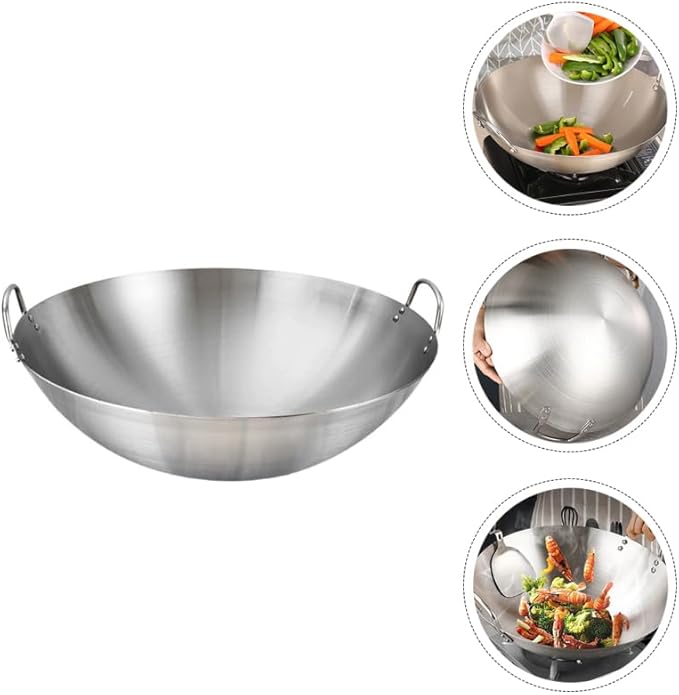 Tofficu Stainless Steel Wok 12 Inch Double Handle Round Bottom Frying Pan for Stir Fry Cooking Chinese Kitchen Use