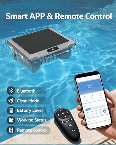 T1B Solar Powered Pool Skimmer Robot, Automatic Robotic Pool Surface Skimmer Cleaner with 24/7 Cleaning, Dual Charging Modes, Auto-Dock, Inground & Above-Ground Pools(Gary)