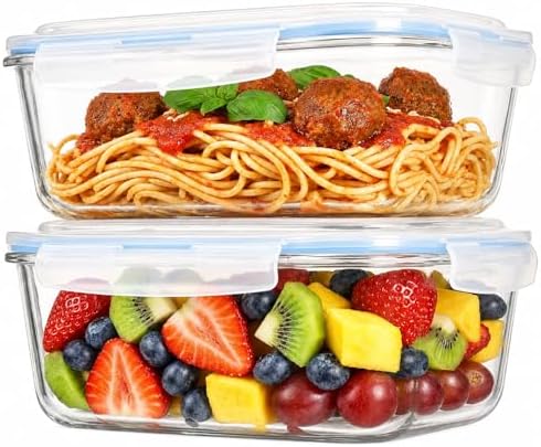 2 Pack 63oz Large Glass Storage Containers with Lids Big Meal Prep Food Container Set for Storing food, vegetables or fruits, BPA Free, Freezer Dishwasher Oven Safe