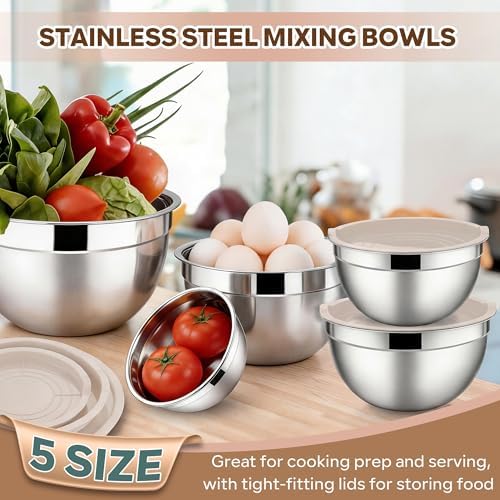 E-far Mixing Bowls with Lids Set, Stainless Steel Cooking Salad Bowl, Khaki