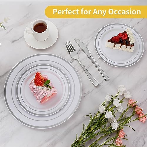 Goodluck 200PCS Silver Plastic Plates,Heavy Duty Disposable Silver Plates with 100 10.25 inch Dinner Plates and 100 7.5 inch Dessert Plates, Disposable Plates for Party, Holiday, Wedding (Pack of 2)